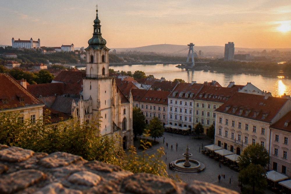Evening light over Bratislava's rooftops seen from the castle hill