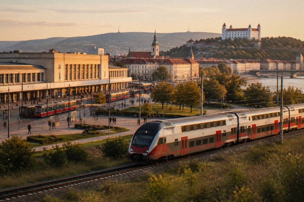 A modern double decker train travelling through open countryside