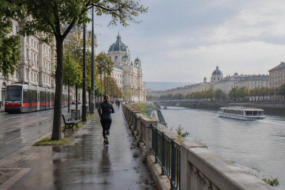 A passenger boat cruising on the Danube with Vienna style buildings along the bank