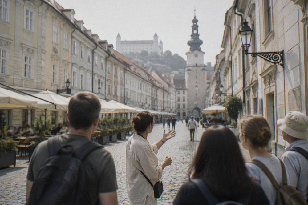 A tour guide speaking to a small group of visitors in a cobblestone square in Bratislava old town