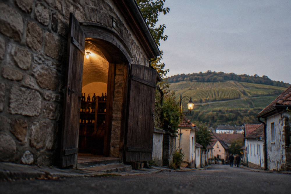 A stone cellar door standing open onto a village street in a Slovak wine town