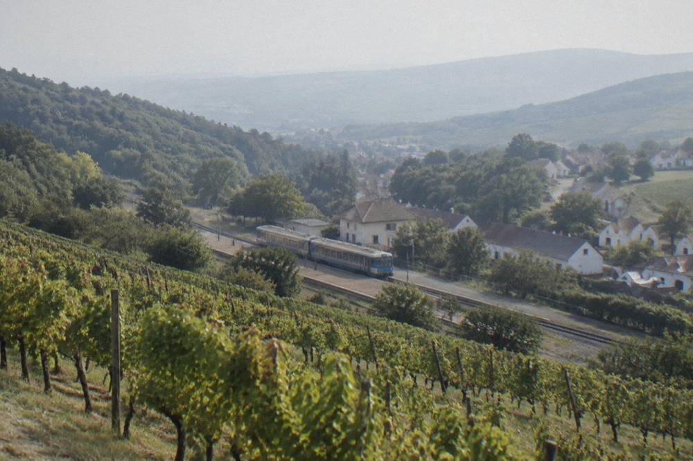A regional train stopped at a small Slovak station surrounded by hills