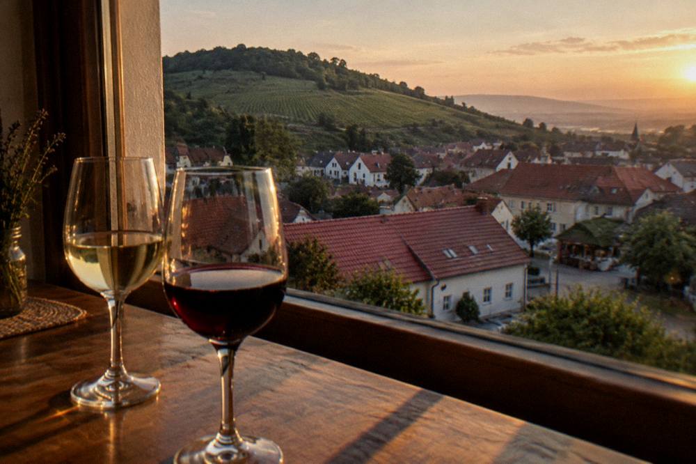 Two glasses of wine on a table beside a window looking out over red rooftops at dusk