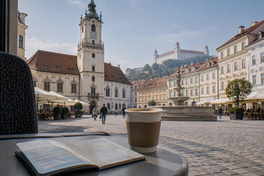 Open passport resting on a train tray table beside a coffee cup