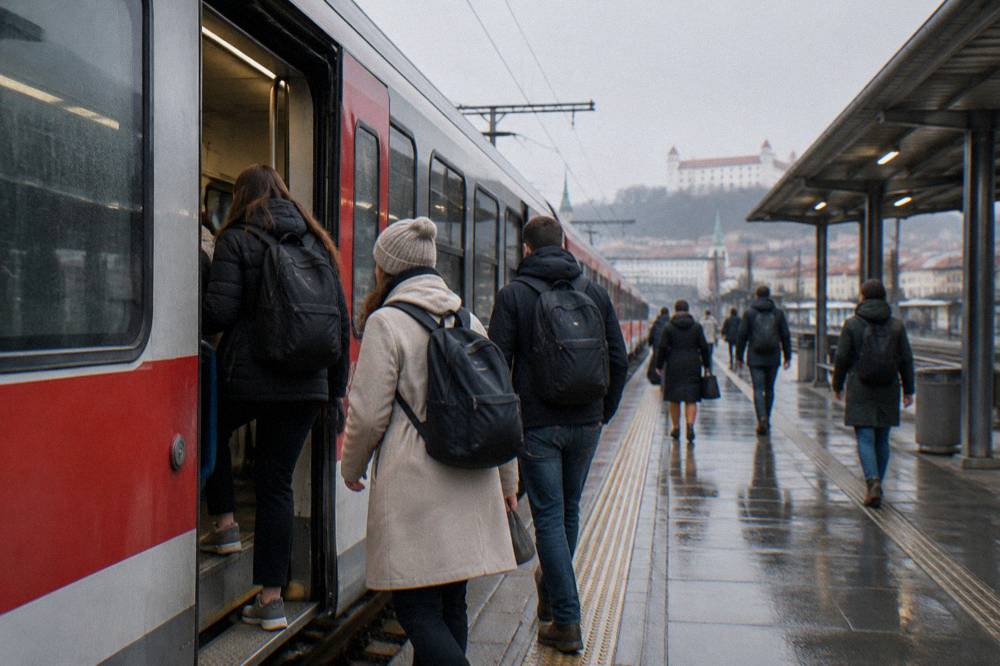 Train platform in Bratislava with a regional train boarding passengers