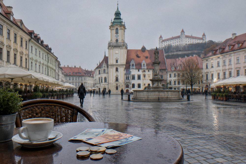 Euro banknotes and coins arranged on a cafe table