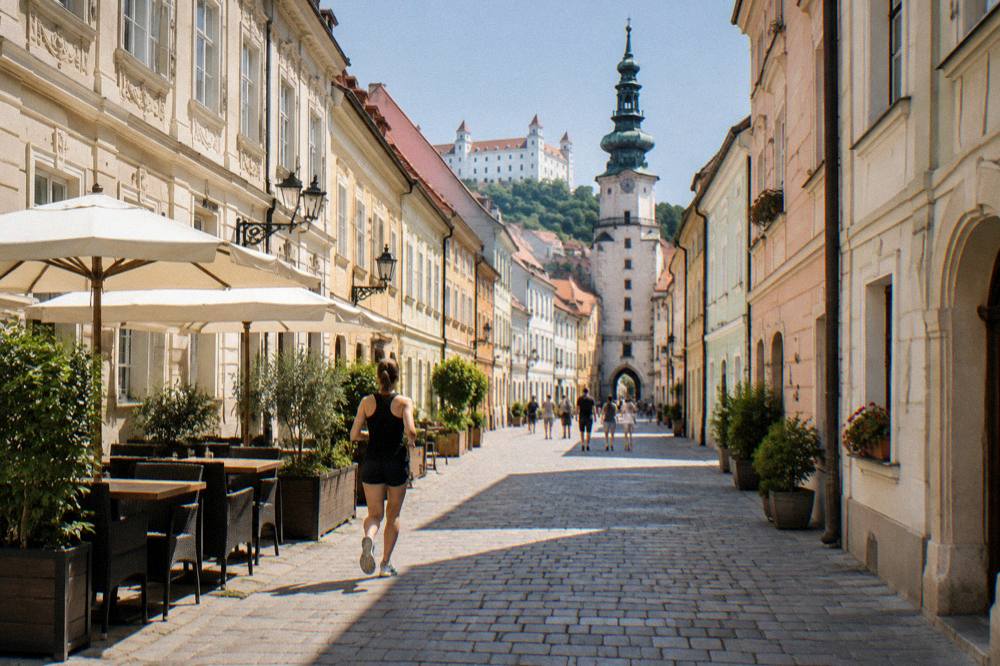 Pedestrian street in the Bratislava Old Town on a sunny afternoon