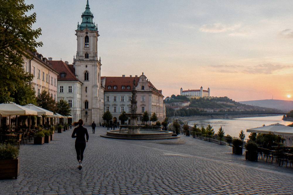 Evening view over the Danube river and Bratislava old rooftops at dusk