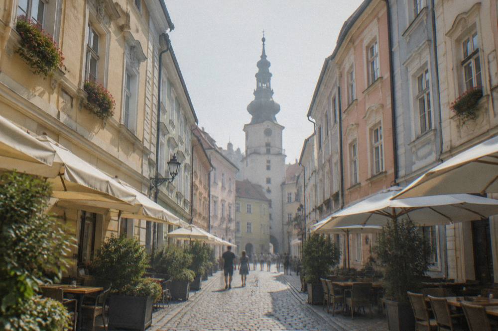 Visitors walking through a narrow Old Town street lined with colourful facades