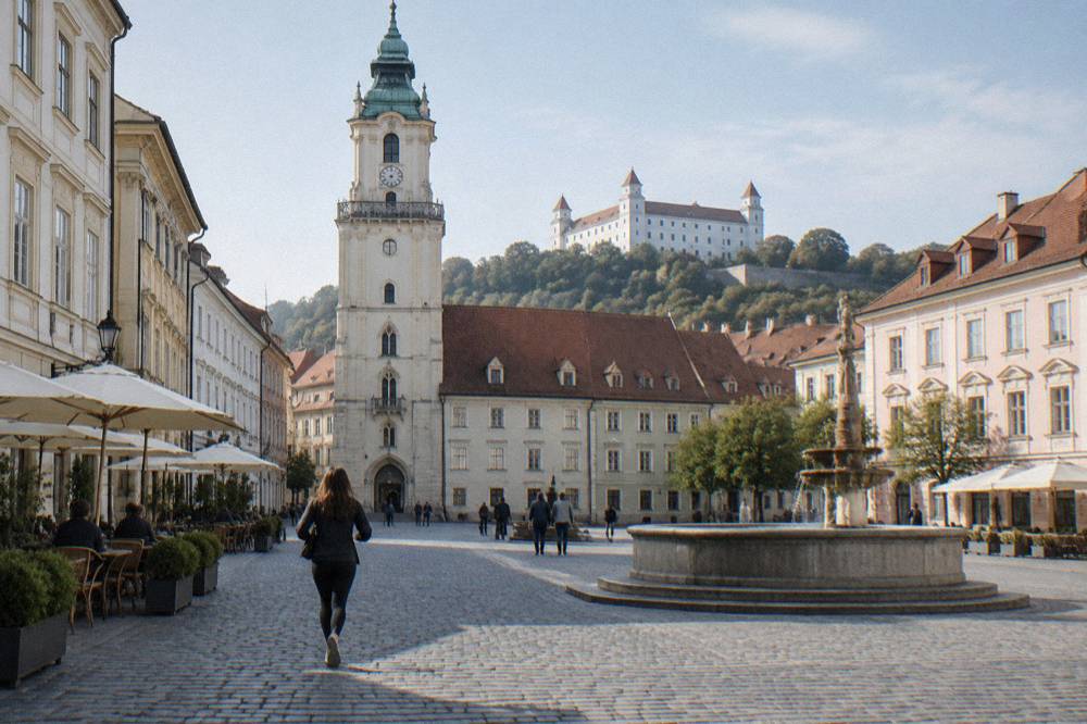 Visitors crossing the cobbled main square of the Bratislava Old Town in clear light