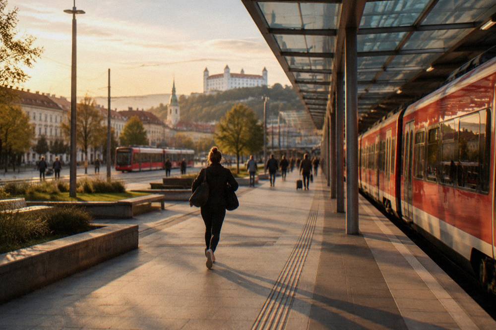 A red regional train waiting at a platform under a glass station roof