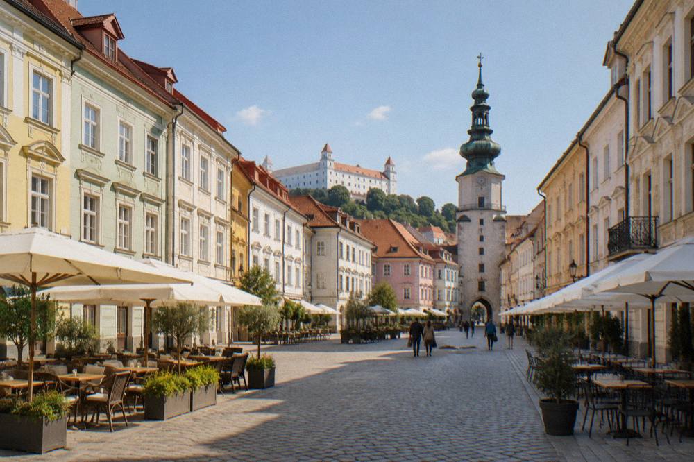 A pedestrian square with pastel townhouses and outdoor tables in a Central European old town