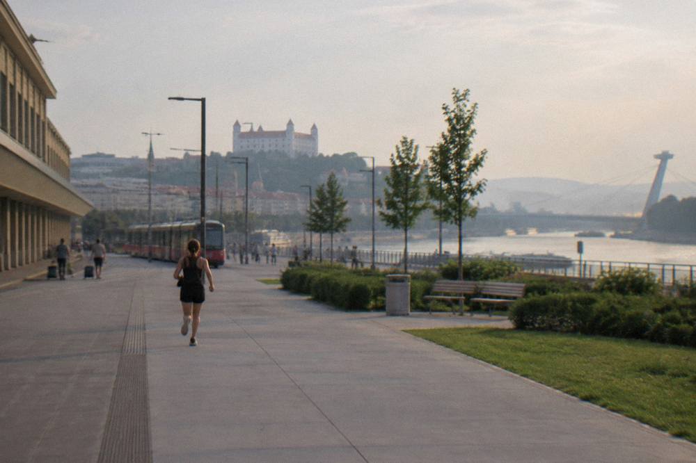 A city skyline at dusk with a castle on a hill and a bridge over a wide river