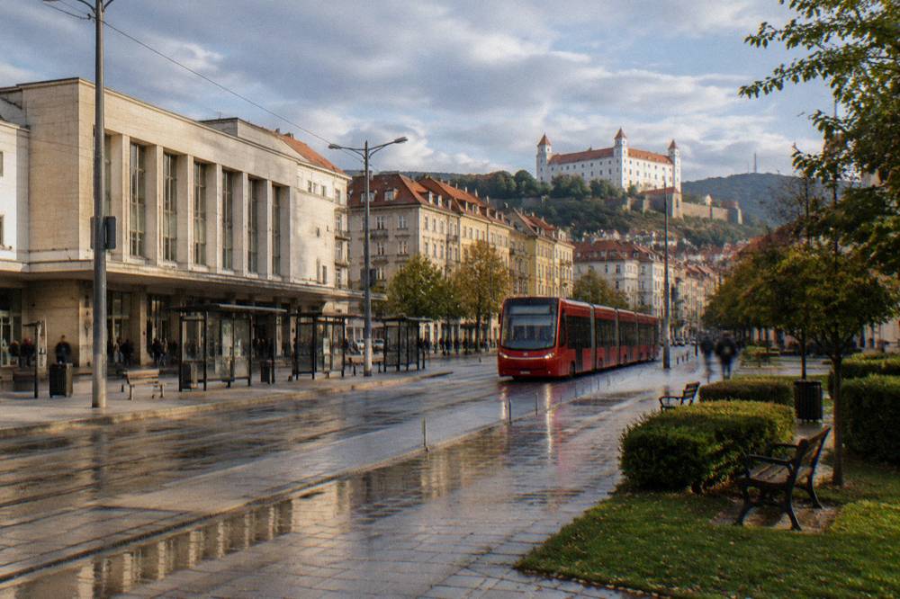 A red tram moving along a street lined with older apartment buildings
