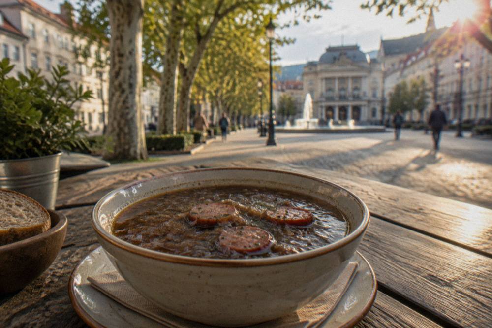 A bowl of dark sour cabbage soup with sliced sausage served on a rustic table