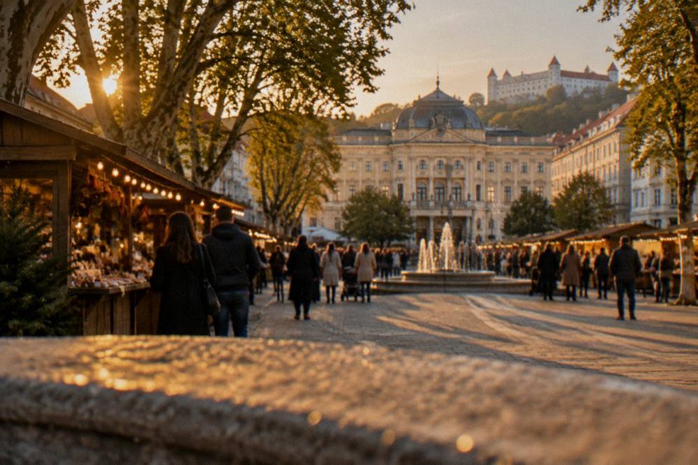 Wooden market stalls with lights and crowds on a city square in early evening