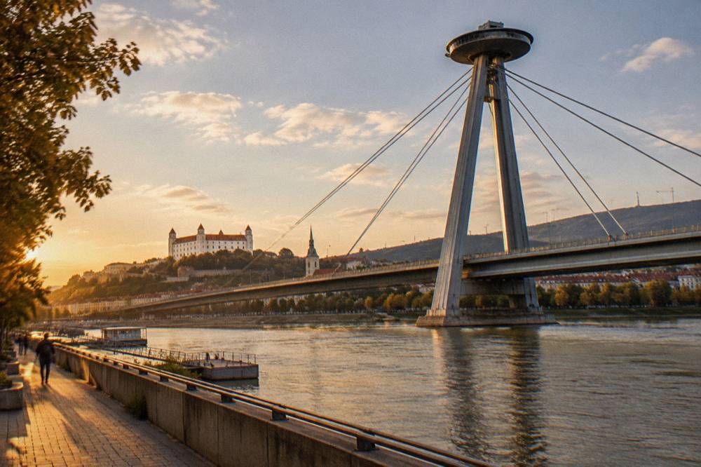 The Danube promenade at Eurovea with the SNP bridge and UFO deck above the water