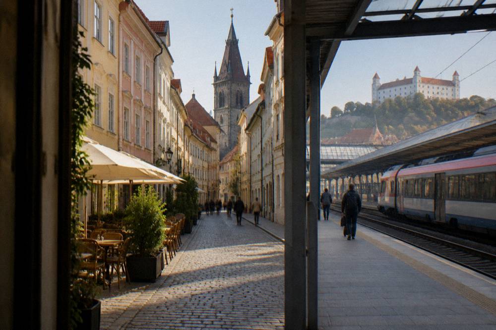 A regional train at the platforms of Bratislava's main railway station