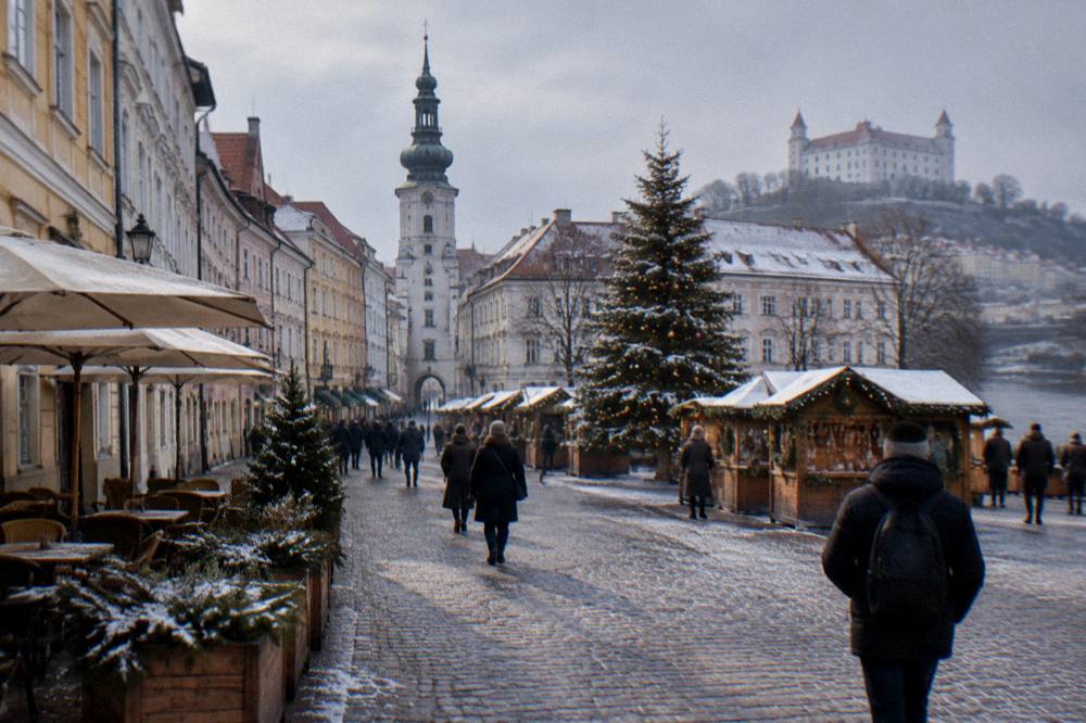 A snow-dusted Christmas market square with a decorated tree and wooden stalls