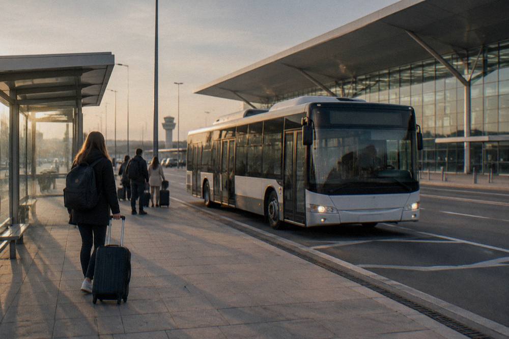 A public transport bus at a stop outside Bratislava airport terminal