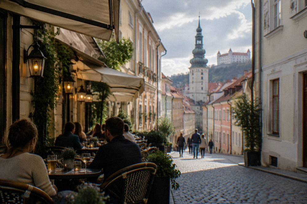 People seated at a lit pub terrace in a Bratislava Old Town lane