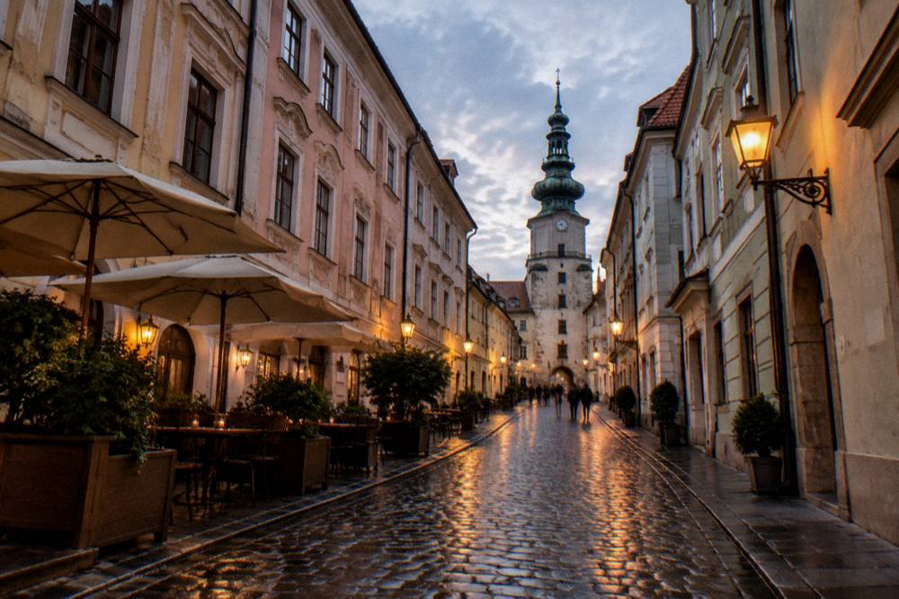 An evening stroll on a lamplit cobblestone street in Bratislava Old Town