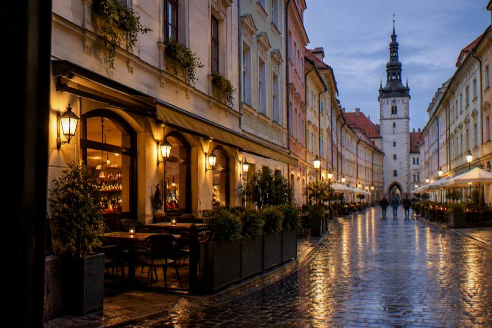 The lit facade of a bar and restaurant on a Bratislava Old Town square at night