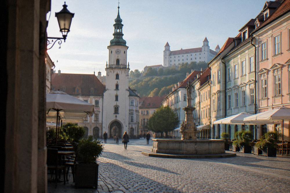 A narrow cobbled street in Bratislava lined with coloured townhouses leading toward a stone tower