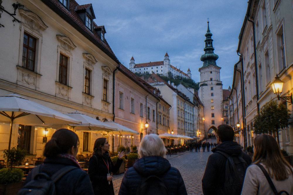 A small guided walking group listening to a guide on a Bratislava Old Town street