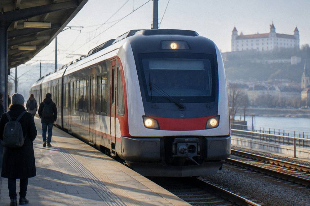 A regional train arriving at a station platform in Bratislava in morning light