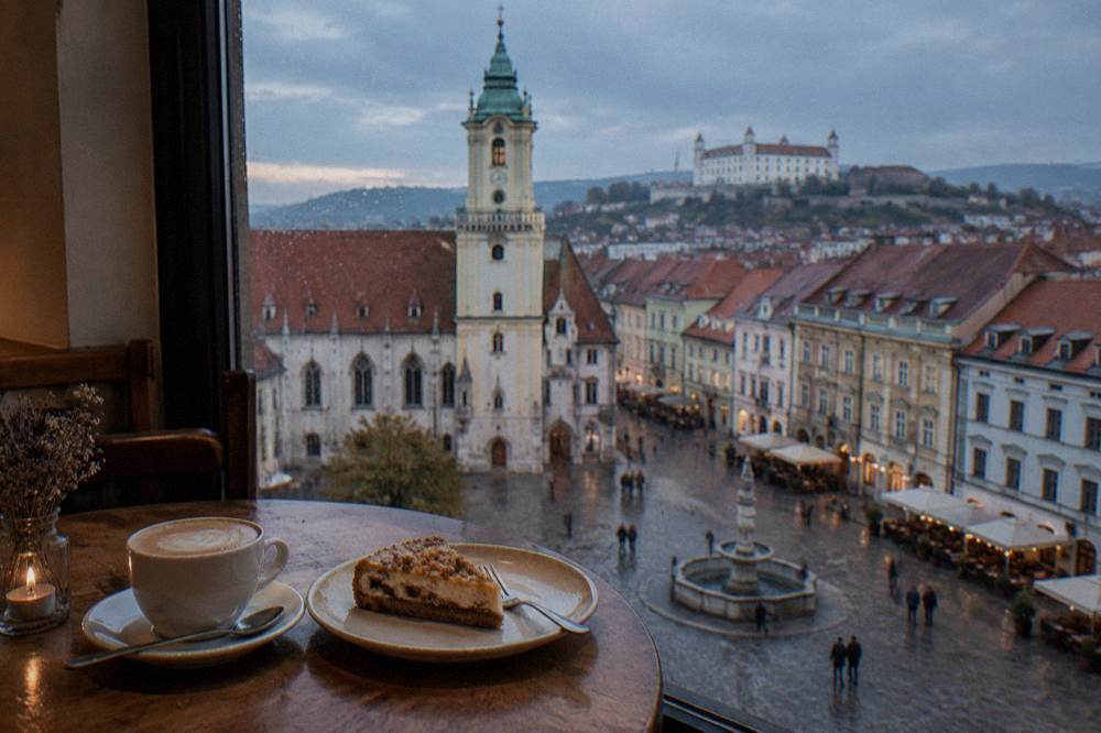 Cozy Bratislava café interior with a coffee cup and cake on a wooden table by a rain-flecked window