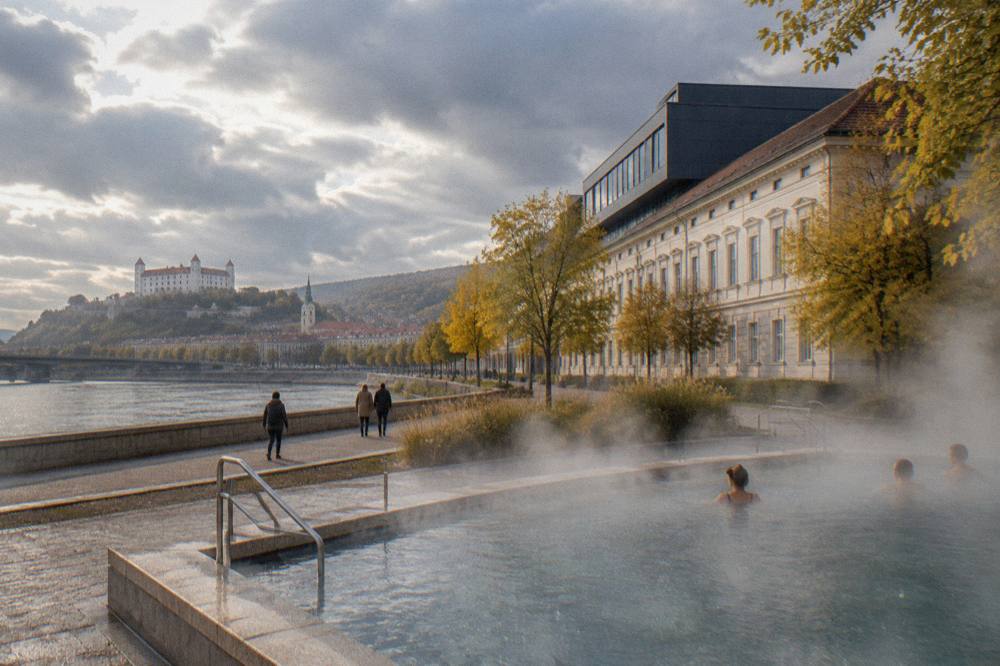 Steaming outdoor thermal pool with rain falling on the water surface