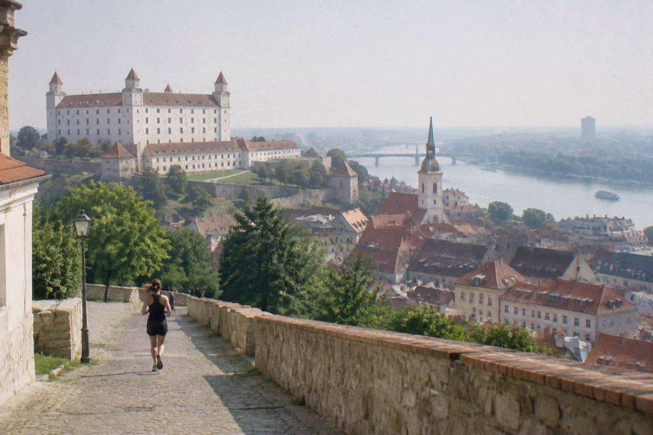 View over Bratislava Castle and the Old Town rooftops toward the Danube