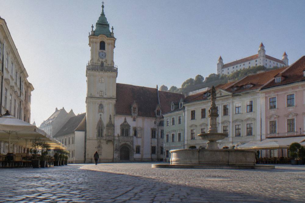 Crowds-free morning on Hlavné námestie, Bratislava Main Square, with the Old Town Hall on one side