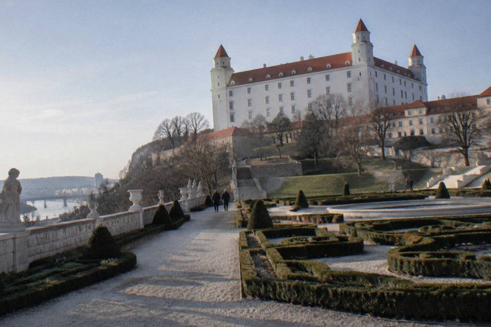 The Baroque Garden at Bratislava Castle with clipped hedges and gravel paths