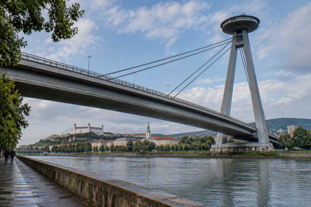 The UFO observation deck structure on top of the Most SNP bridge over the Danube