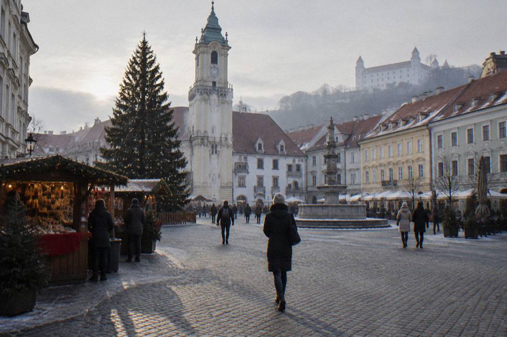 A Christmas market stall on Hlavné námestie with the lit tree above the square