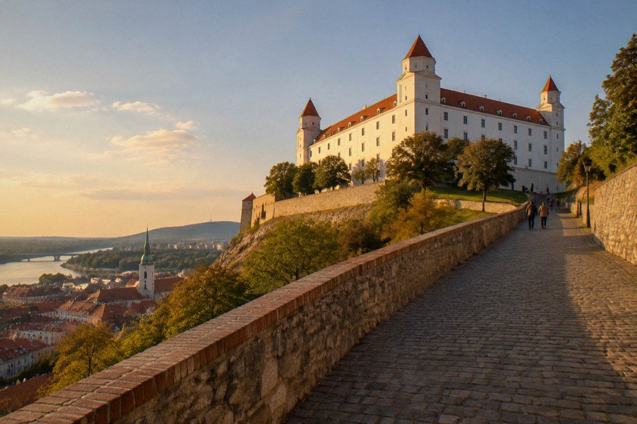 The path up to Bratislava Castle on a clear afternoon with the Old Town below