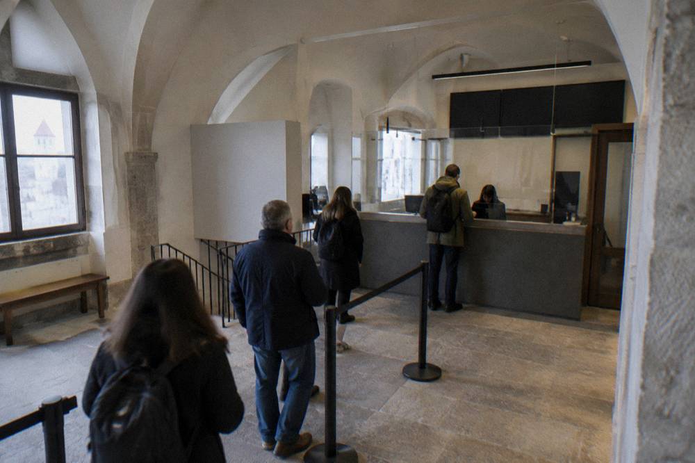 The ticket counter area inside Bratislava Castle's Museum of History