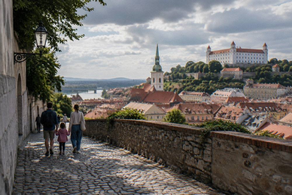 A family walking the castle hill path above the red rooftops of the Old Town