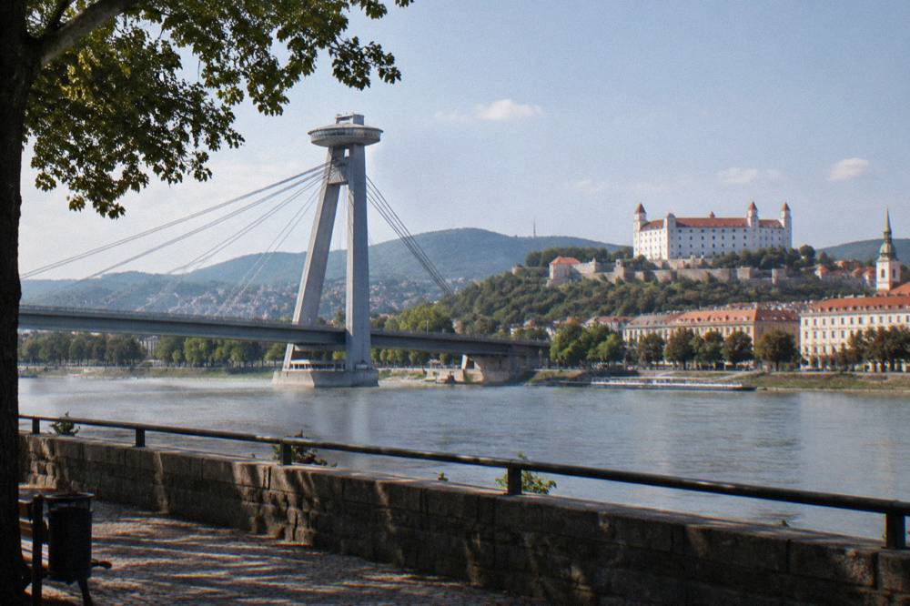 The UFO observation deck on the bridge pylon above the Danube