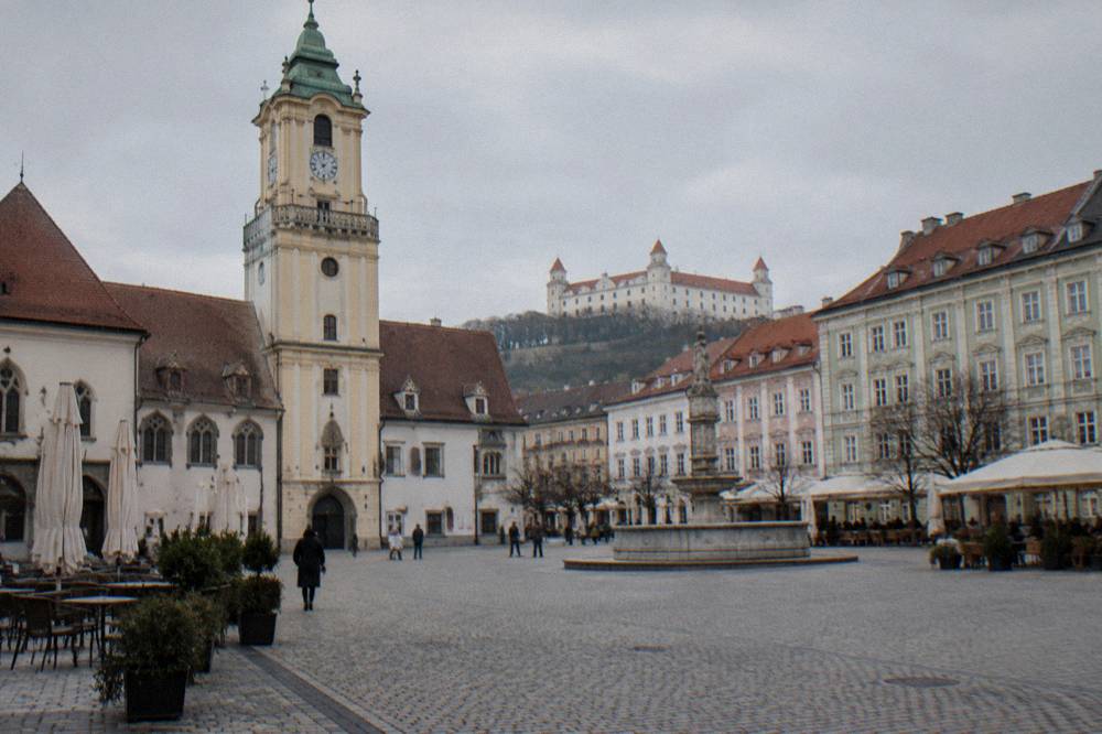 Hlavné námestie, the Main Square, with the Old Town Hall on one side