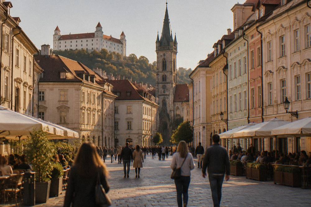 Visitors walking across the main square of Bratislava's Old Town
