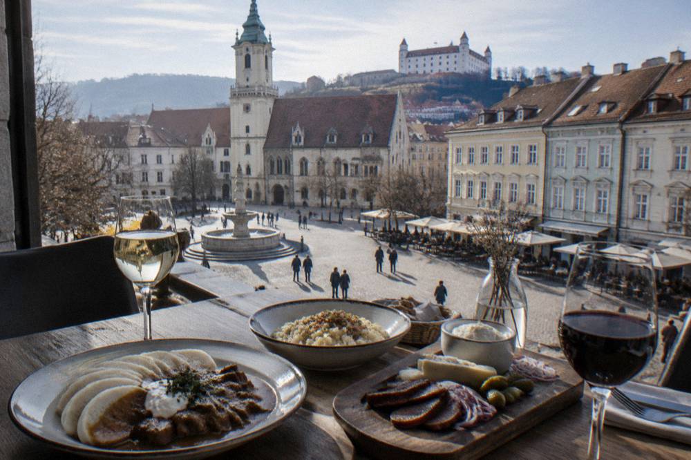 A table of Slovak dishes and glasses of local wine in a Bratislava restaurant