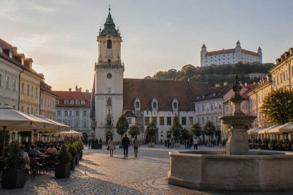 Evening light on the facades around Hviezdoslavovo námestie square in Bratislava