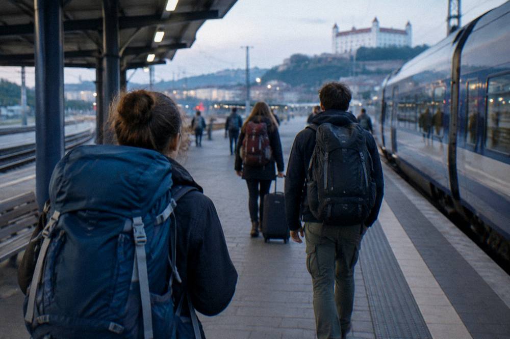 Travellers with backpacks on a platform at a European railway station