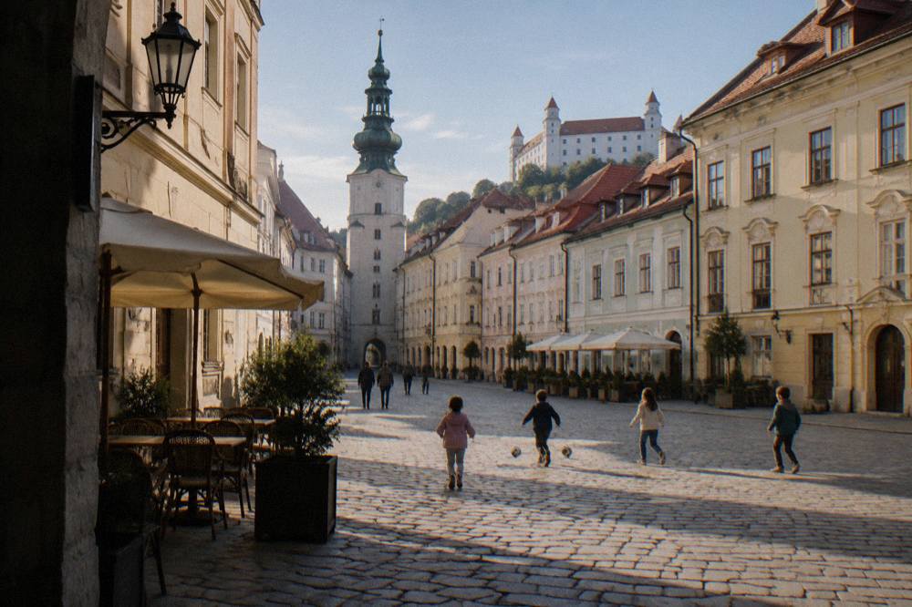Children playing on a car-free square in the Bratislava Old Town with pastel buildings around them