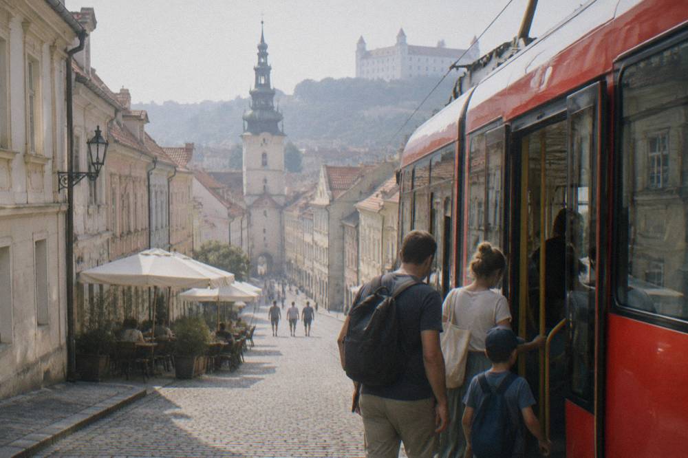A family boarding a red tram in Bratislava near the Old Town