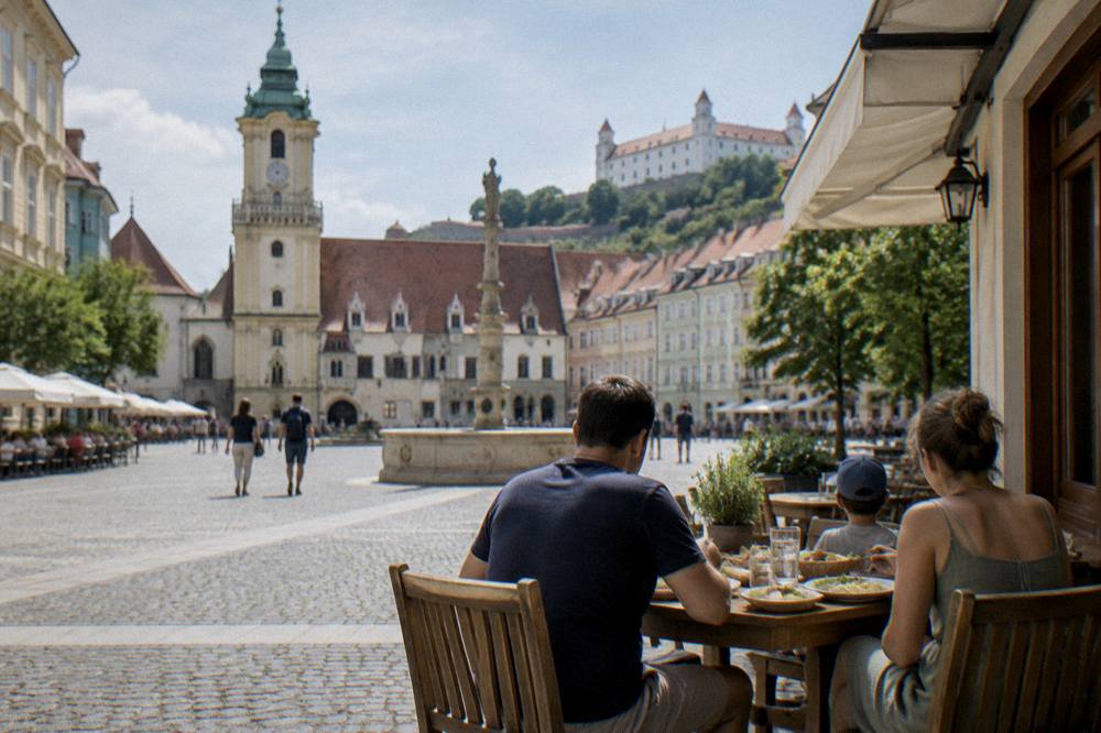 A family sharing food at a wooden table in a traditional Bratislava restaurant