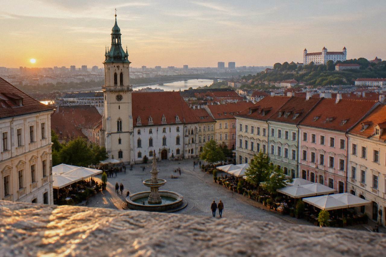 Wide view over Bratislava with rows of panel apartment blocks and the Danube in the distance